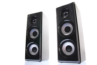 two black and gray PA speakers